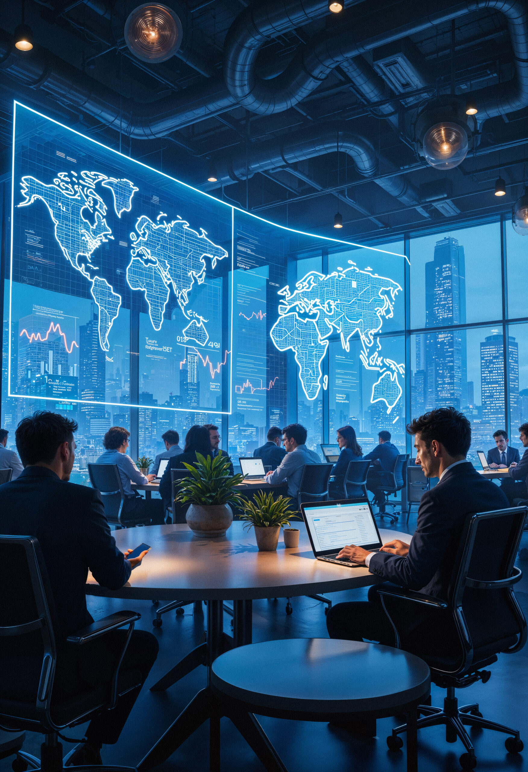 Modern business meeting with global data visualization - representing digital marketing challenges and solutions